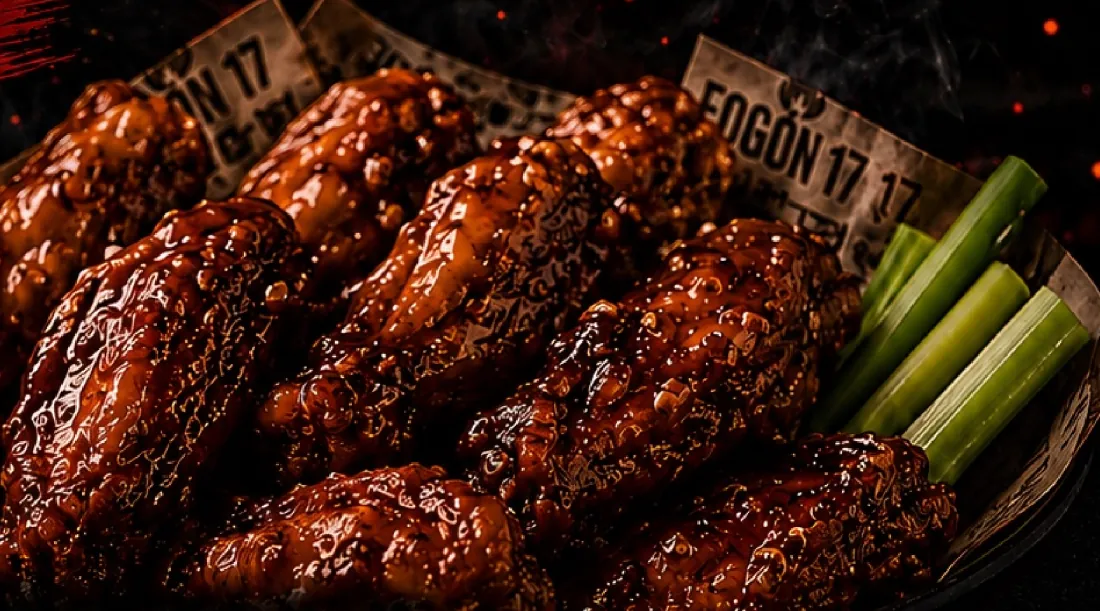 Alitas fogoneras bañadas en salsa BBQ con bastones de apio