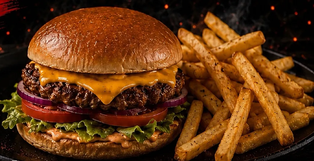 Sándwich de carne con queso y papas fritas